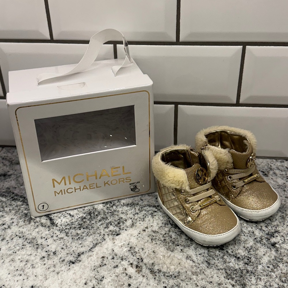 Michael Kors Infant 1 Baby Lee Sneakers Gold Faux Fur Quilted Metallic Glam